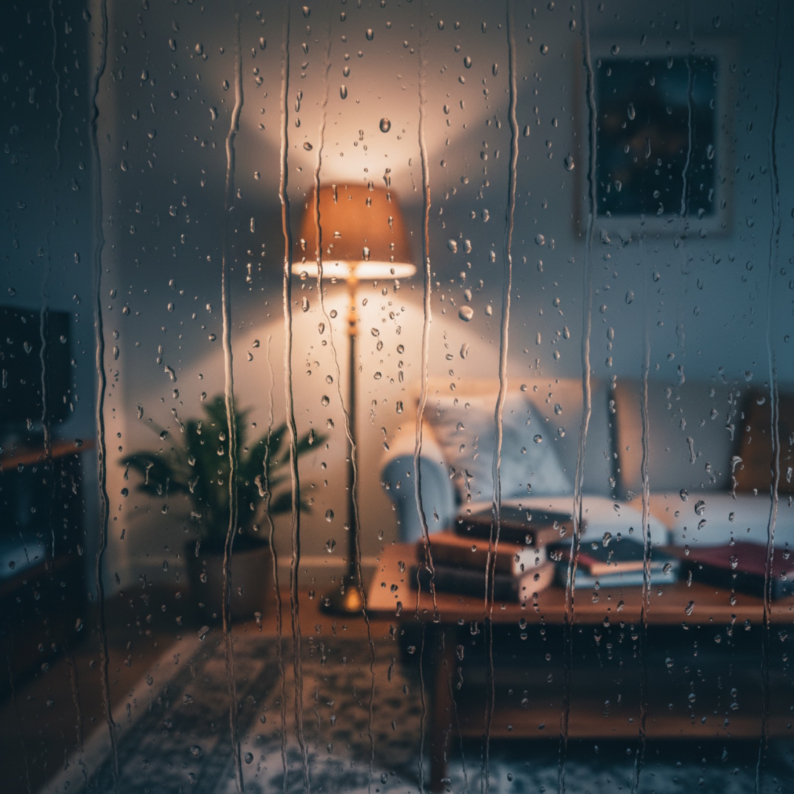 Rain on a dark windowpane at night