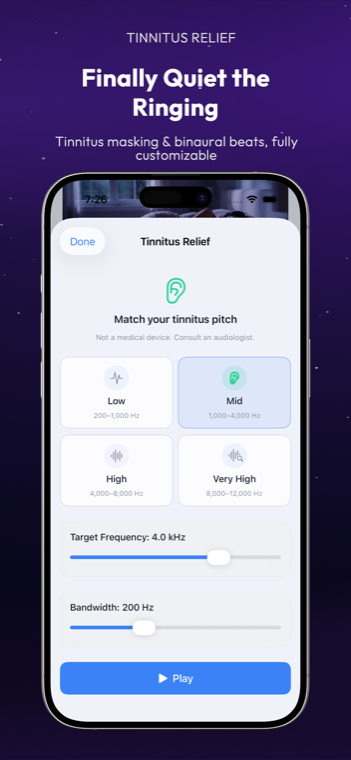 Drowze tinnitus relief with adjustable notch filter