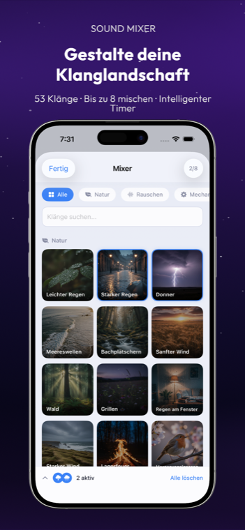 Drowze 8-track sound mixer with scenic tiles for rain, thunder, forest, ocean