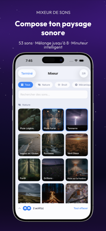 Drowze 8-track sound mixer with scenic tiles for rain, thunder, forest, ocean