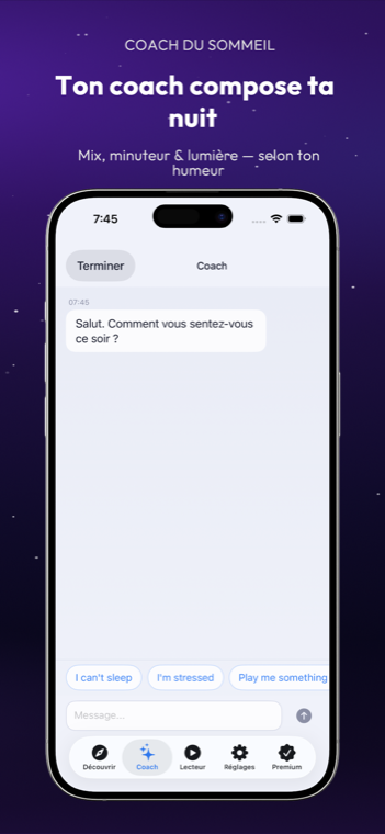Drowze Coach Sommeil chat with suggested responses
