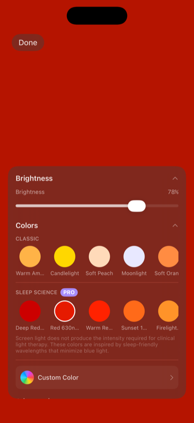 Drowze night light mode with warm amber glow and adjustable brightness