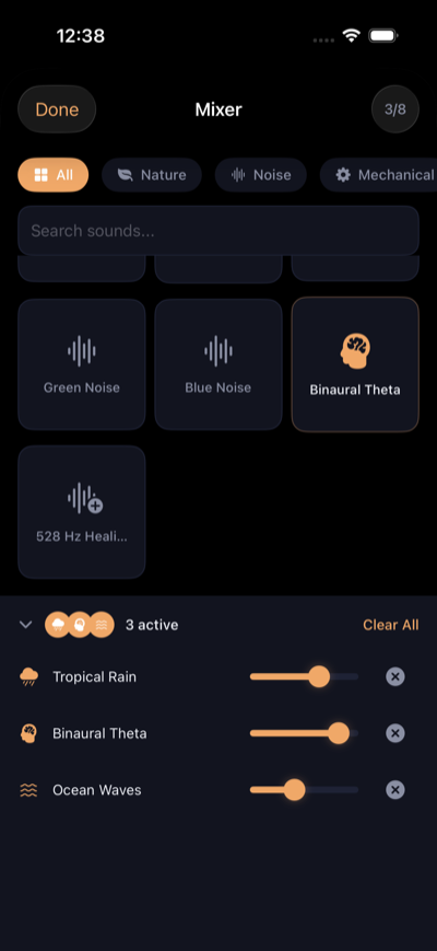 Drowze 8-track sound mixer with individual volume controls for rain, brown noise, and ocean waves