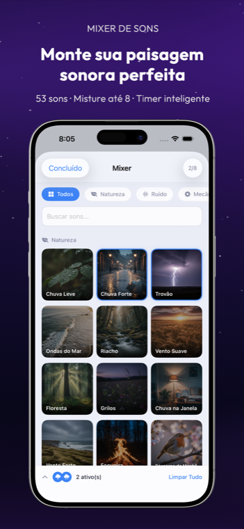 Drowze 8-track sound mixer with scenic tiles for rain, thunder, forest, ocean